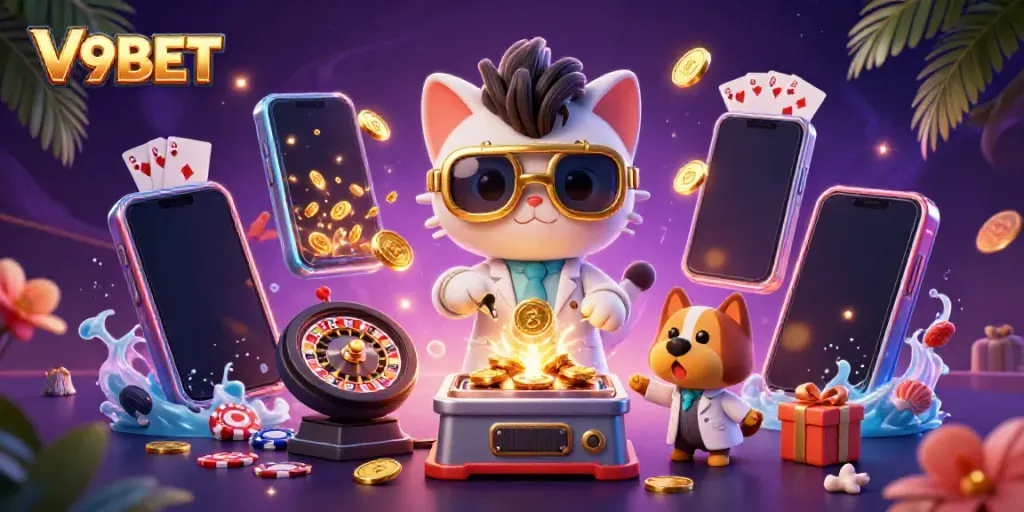 Experience the thrill of V9BET with a vibrant 3D scene featuring a mad scientist cat and loyal assistant.