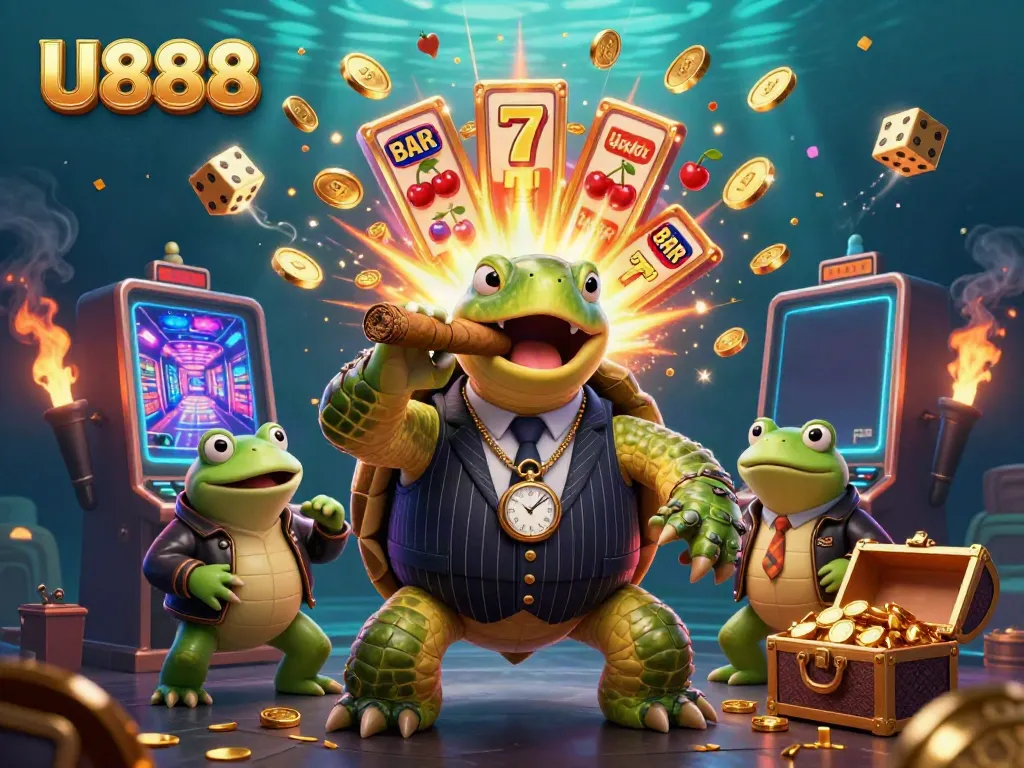 U888 presents a vibrant scene with a snapping turtle in a suit amidst casino elements, representing online gambling excitement.