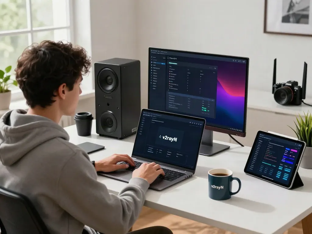 Configuring v2rayN application in a modern tech workspace.