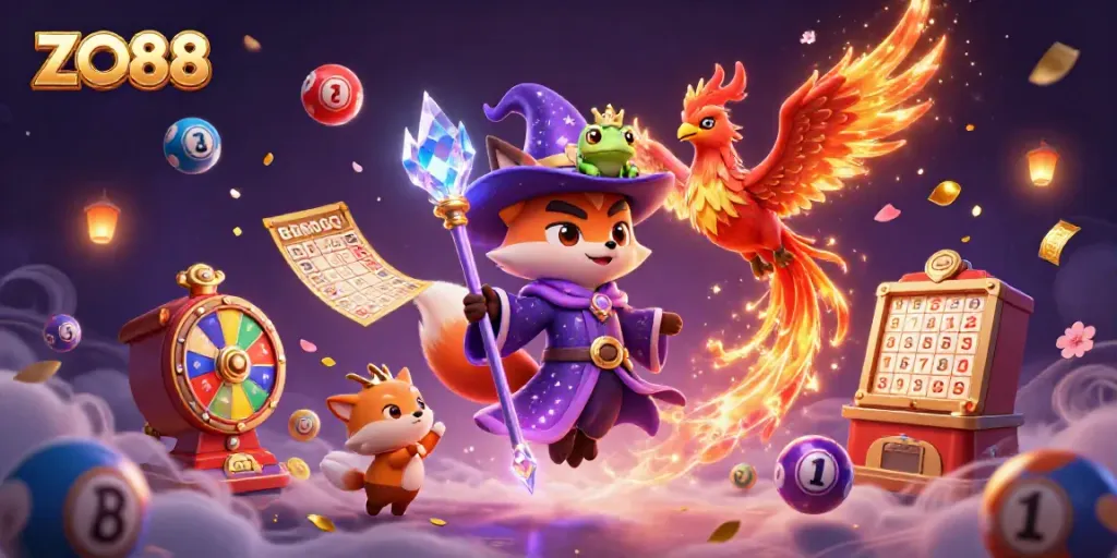 Engage in thrilling ZO88 gaming adventures with a dynamic 3D wizard and phoenix scene.