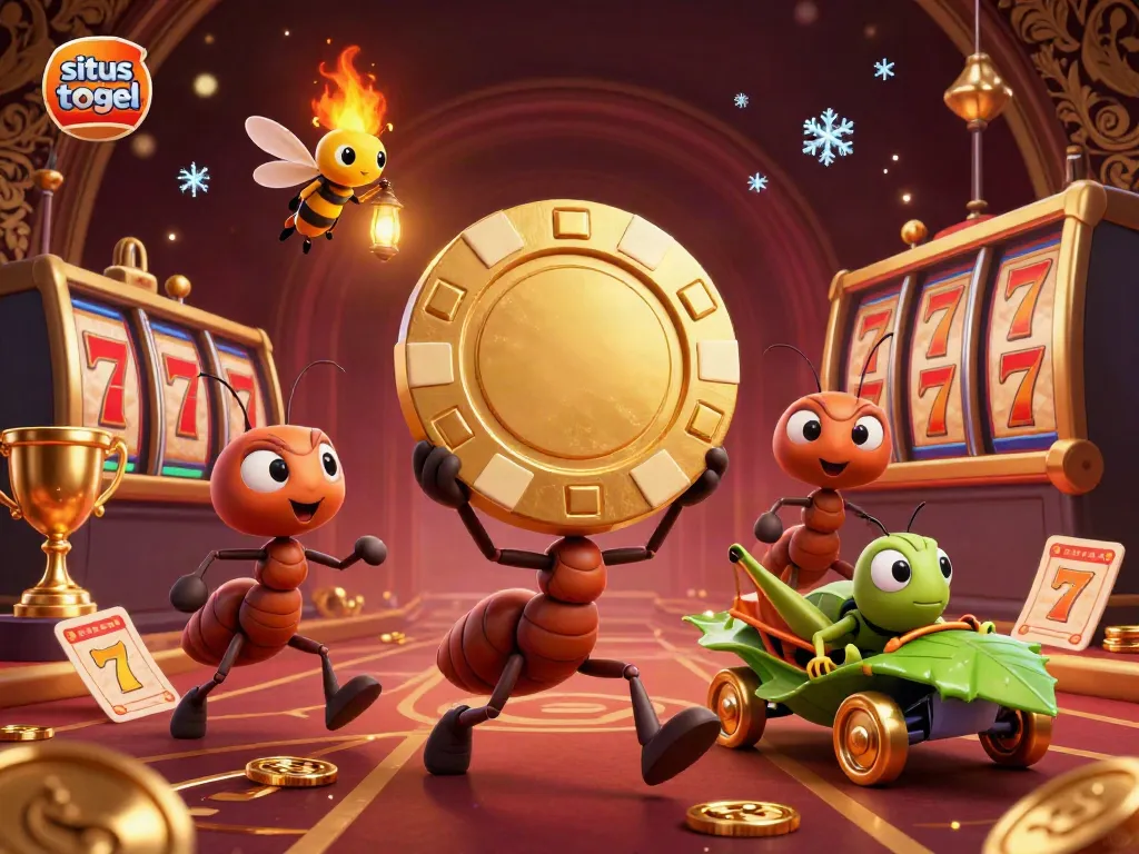 Ants executing a golden poker chip heist in 3D, showcasing situs togel themed elements amidst dynamic casino visuals.