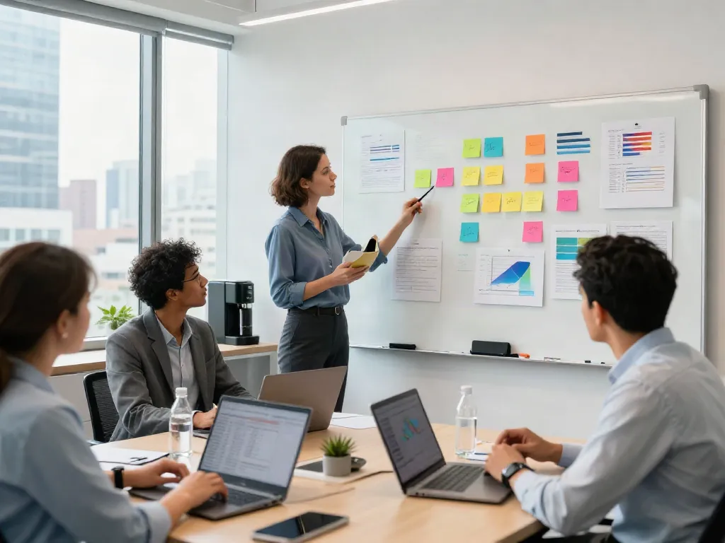 Business team brainstorming financial strategies using index concepts in a modern office