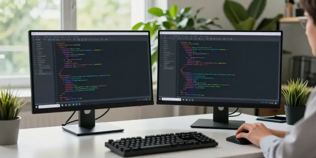 Developer using Notepad++ in a modern coding workspace with dual monitors.