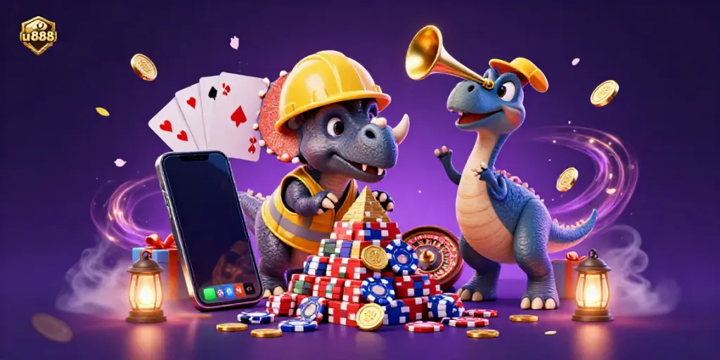 Join the excitement at u888 with a triumphant triceratops and playful compys in a colorful casino scene.