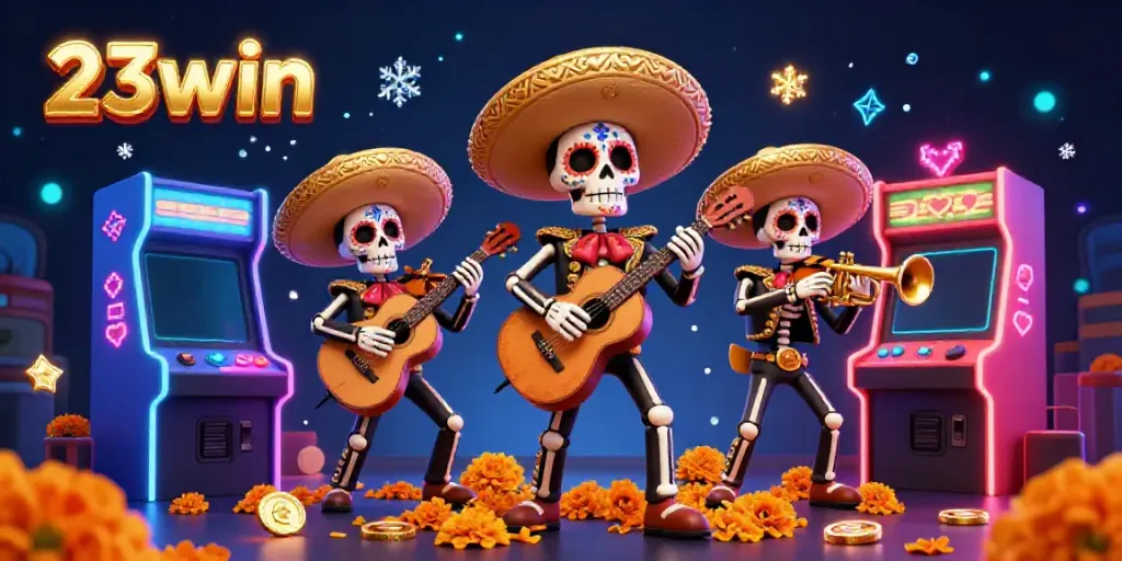Experience vibrant gaming action with 23win as a lively mariachi band plays in a colorful casino scene.