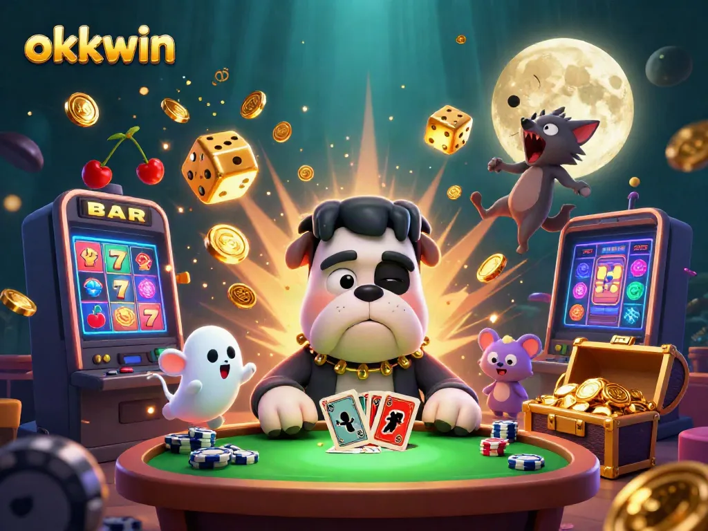 Experience thrilling gameplay at okkwin with a cartoon bulldog dealing cards at a spooky casino table.