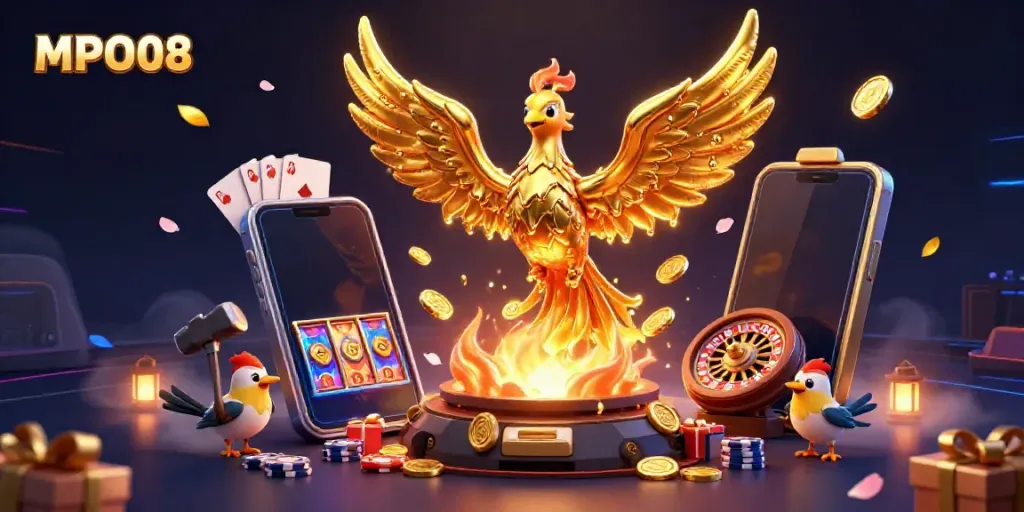 MPO08 features a vibrant 3D illustration of a golden phoenix and gaming elements celebrating online slot action.