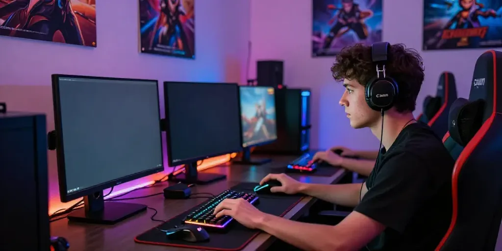 Situs Super33 gaming setup with player immersed in online games and RGB lighting.
