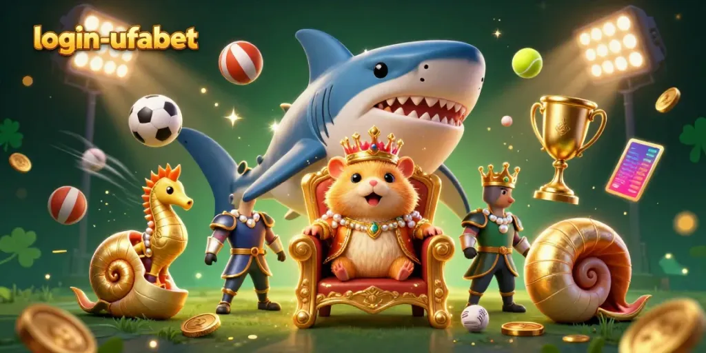 Engage with thrilling sports betting action at login-ufabet in a vibrant 3D casino scene filled with royal characters and dynamic sports elements.