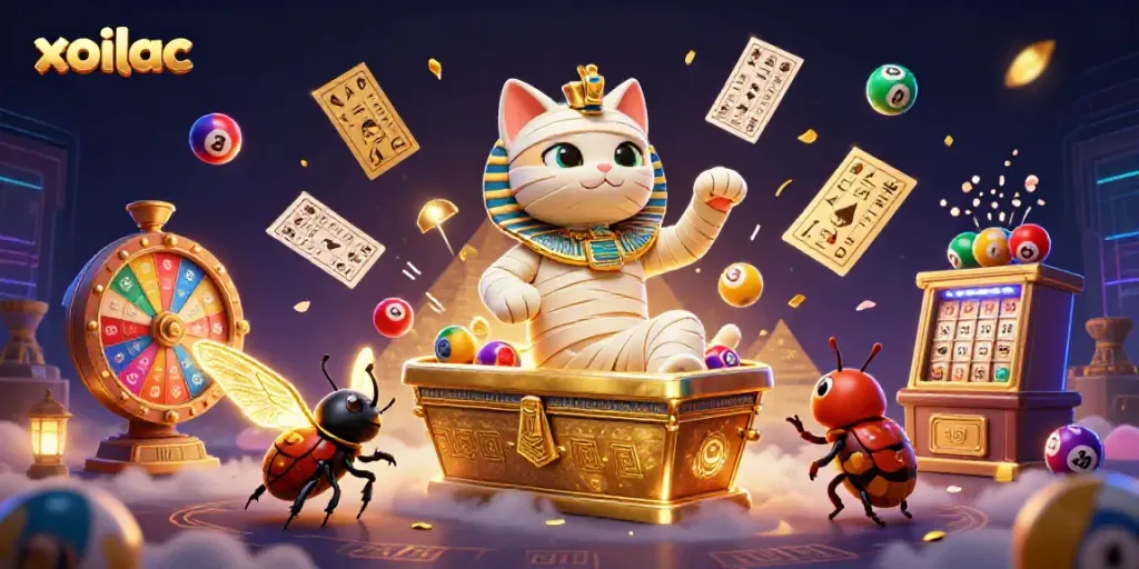 Experience the vibrant energy of xoilac with a dynamic casino scene featuring a mummy cat and golden elements.