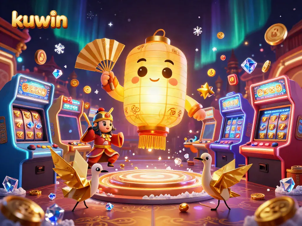 Engage with kuwin's dynamic casino experience featuring vibrant games and rich rewards in a festive illustration.