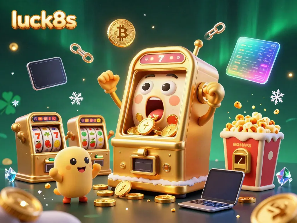 Experience the excitement of luck8s with a cartoon golden slot machine hitting a jackpot, surrounded by cheering baby machines and crypto coins.