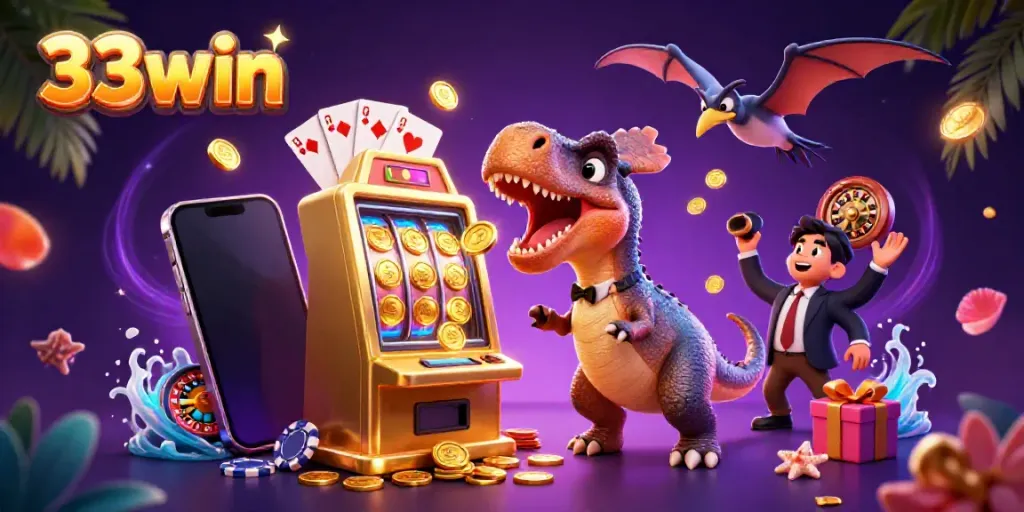 33win's dynamic 3D scene showcasing a pachycephalosaurus and a casino manager amidst jackpot chaos