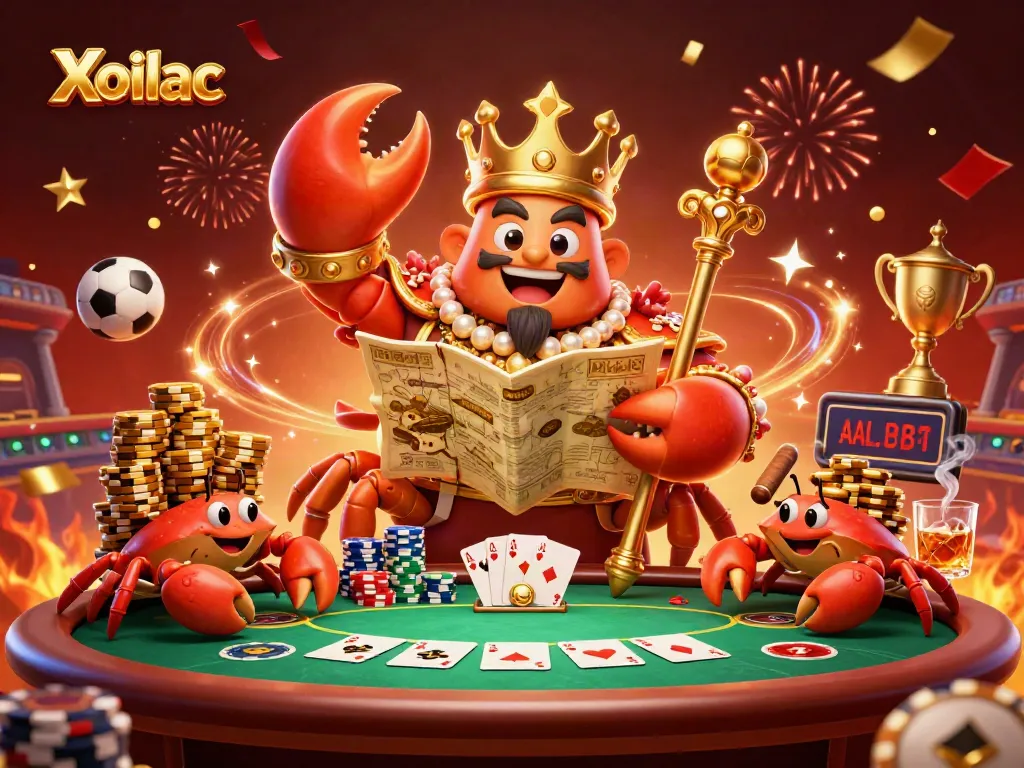Xoilac sports betting scene featuring a golden crab emperor with poker elements and energetic decorations.