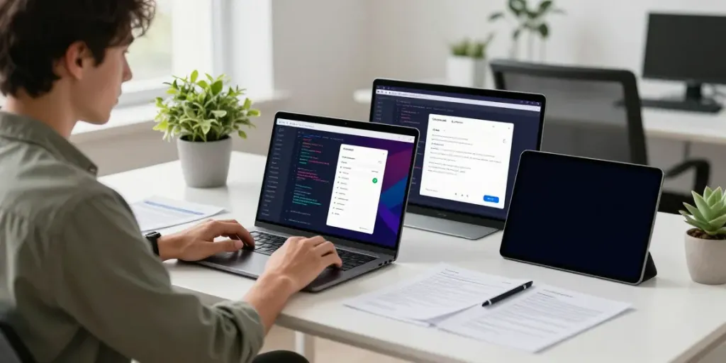 Professional engaged in downloading APK files in a modern tech workspace.