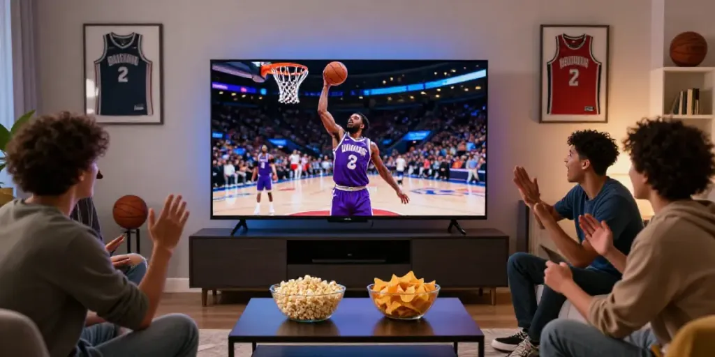 NBA중계를 즐기는 친구들과 함께한 역동적인 밤의 모습