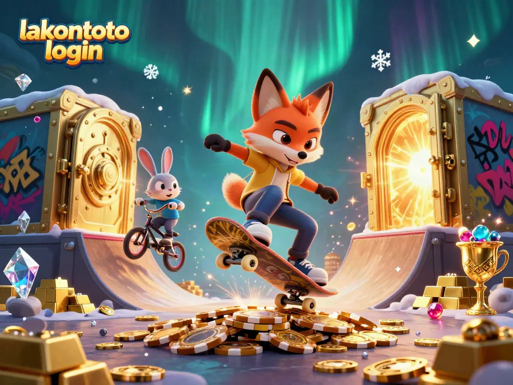 Ilustrasi lakontoto login dengan rubi dan emas, menampilkan rubah skateboard dan kelinci BMX.