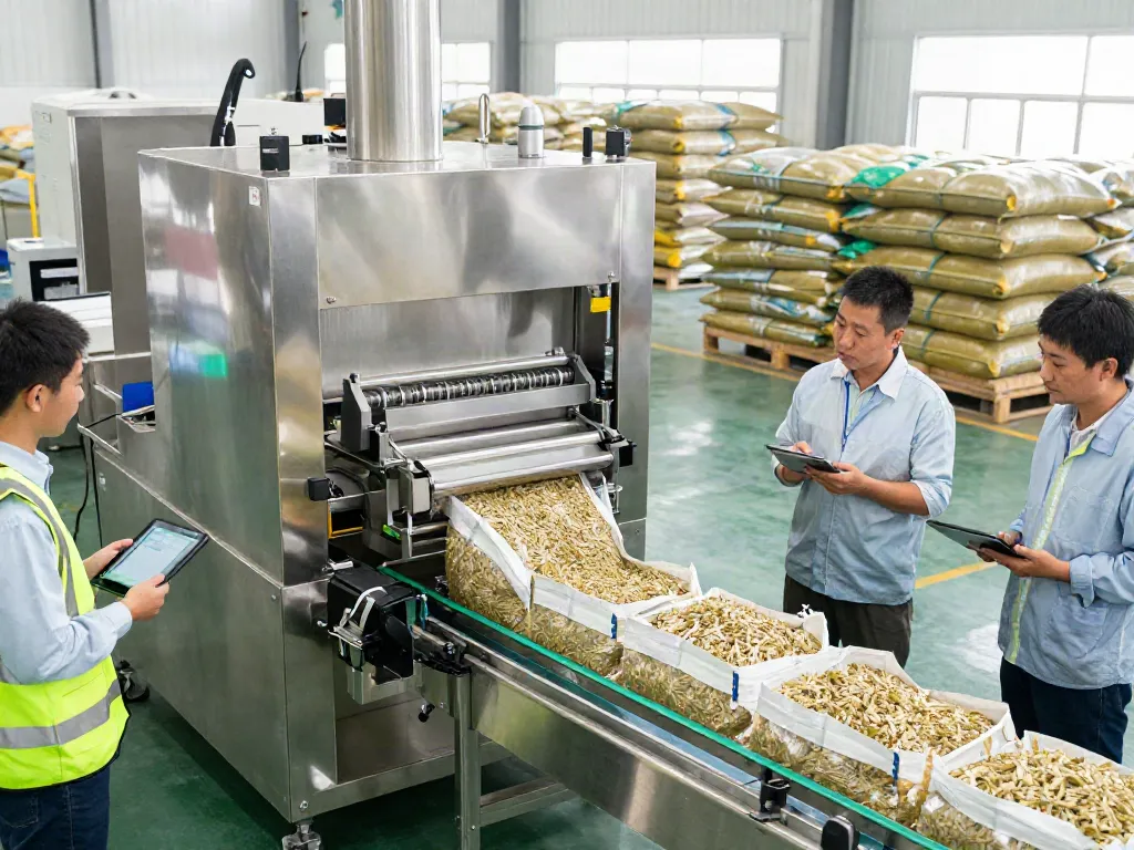 Open mouth bag filling machine efficiently packaging agricultural products in a modern industrial setting.