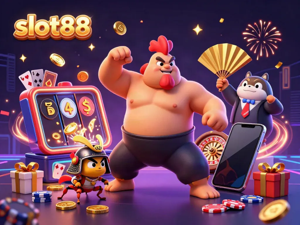 Experience excitement with slot88, featuring a sumo rooster and samurai cricket in a vibrant casino scene.