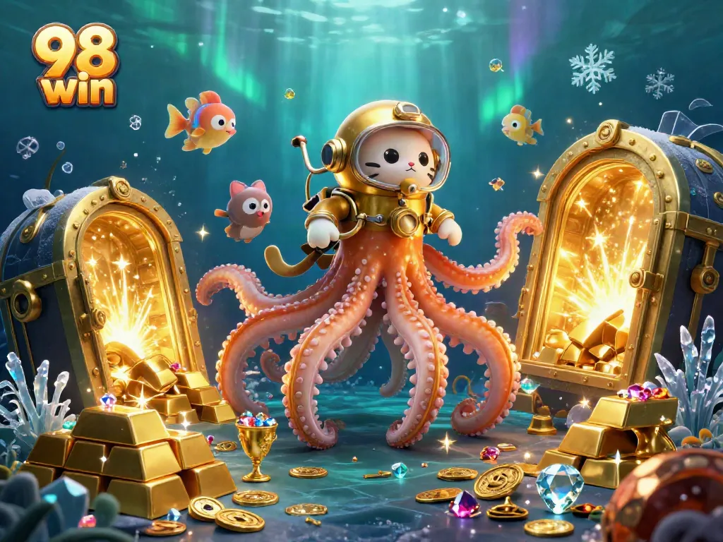 Engage with the underwater adventure of 98 win, showcasing a colossal kraken, diving cat, and deep-sea fish.