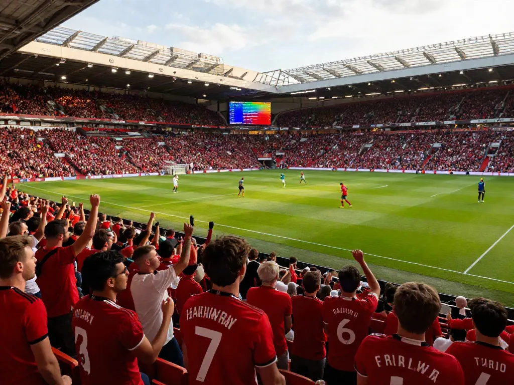 Exciting scene of the stadium during a Manchester United vs Liverpool match, showcasing สถิติแมนยู พบ ลิเวอร์พูล rivalry.