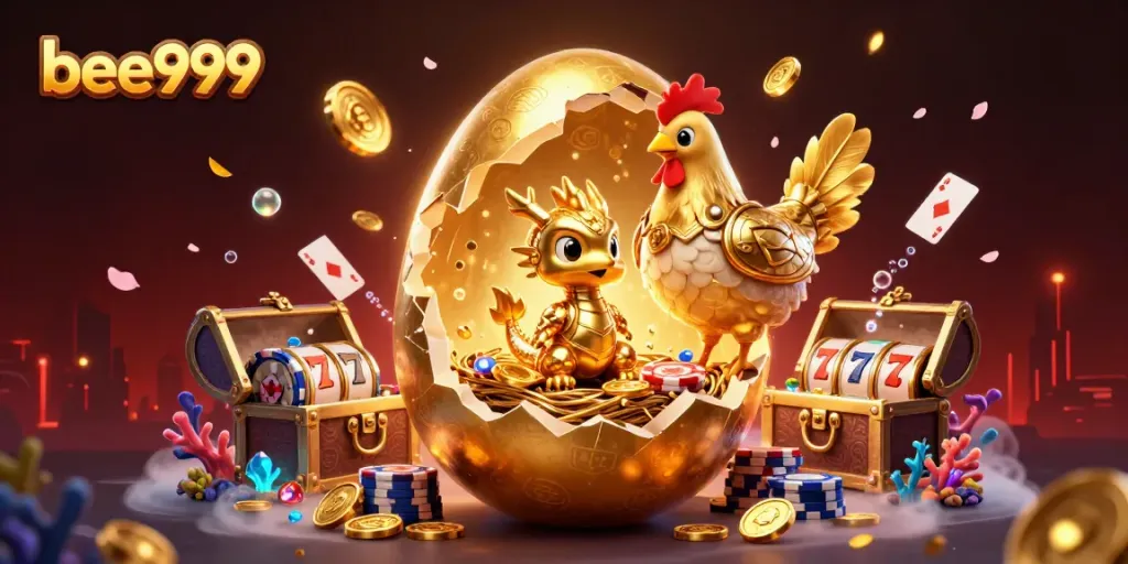Engage with bee999's thrilling gambling action featuring a dazzling baby dragon surrounded by poker chips and slot reels.