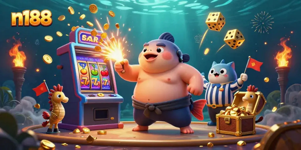 Experience thrilling gaming excitement with n188's underwater casino scene featuring vibrant characters.