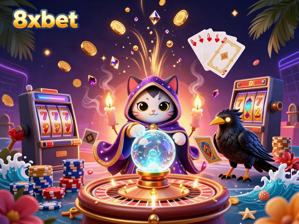 Experience 8xbet's thrilling casino atmosphere with dynamic game features and vibrant characters.