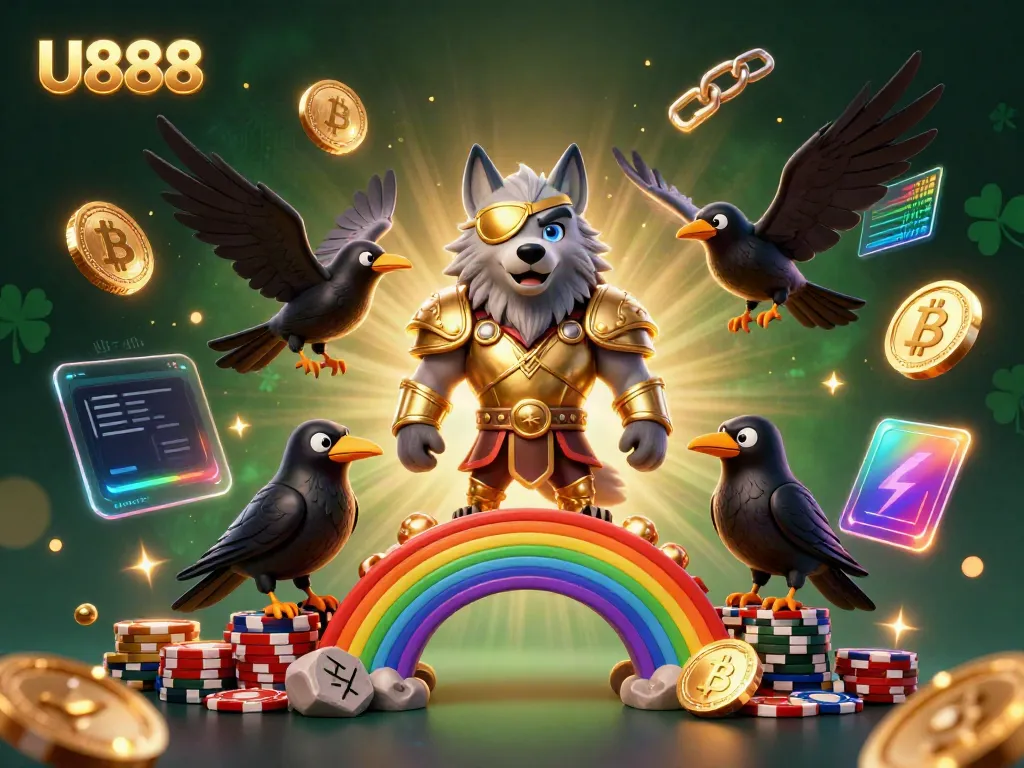 Experience U888 with Odin wolf and ravens amidst a neon casino chip bridge and crypto elements.