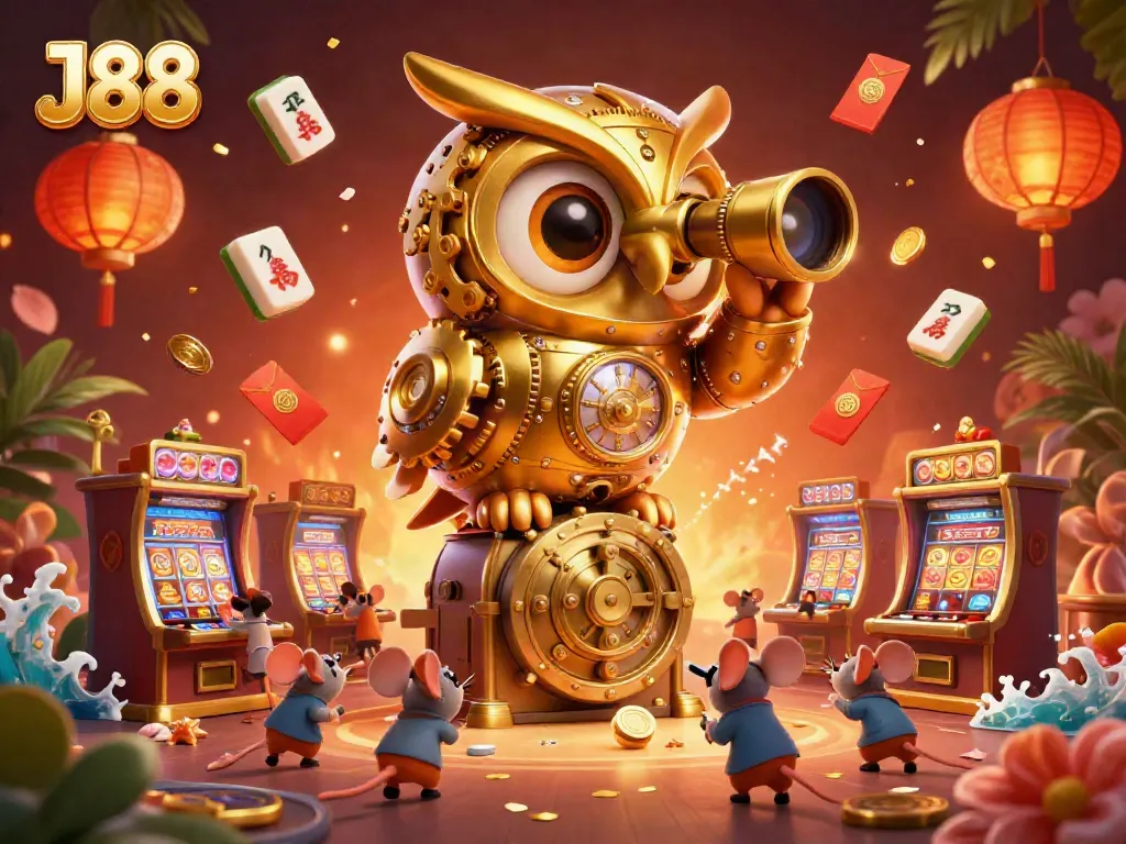 Engage with the vibrant J88 casino scene, featuring a golden owl and wind-up mice amidst treasures.