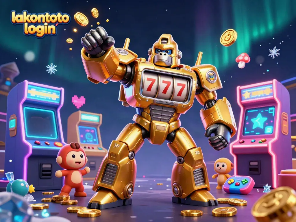 Login ke akun lakontoto dengan ilustrasi 3D gorila emas dan elemen kasino yang menarik.