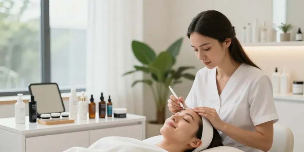 Client undergoing CCeye® treatment to remove Augenringe in a bright beauty studio.