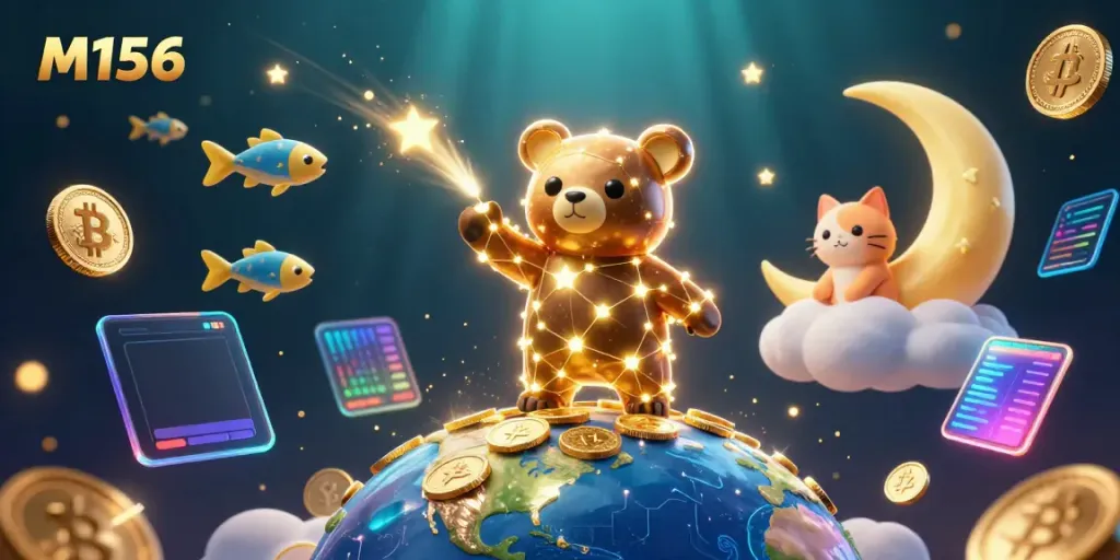 M156 immerses players in a vibrant 3D casino scene filled with golden star characters and glowing crypto coins.
