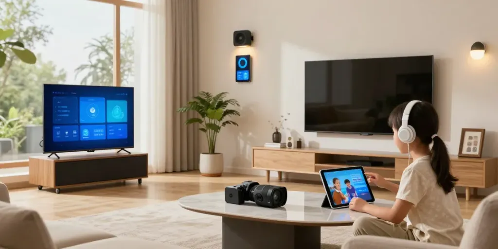 Smart audio system and integrated smart devices showcase جهان اسمارت in a modern home.