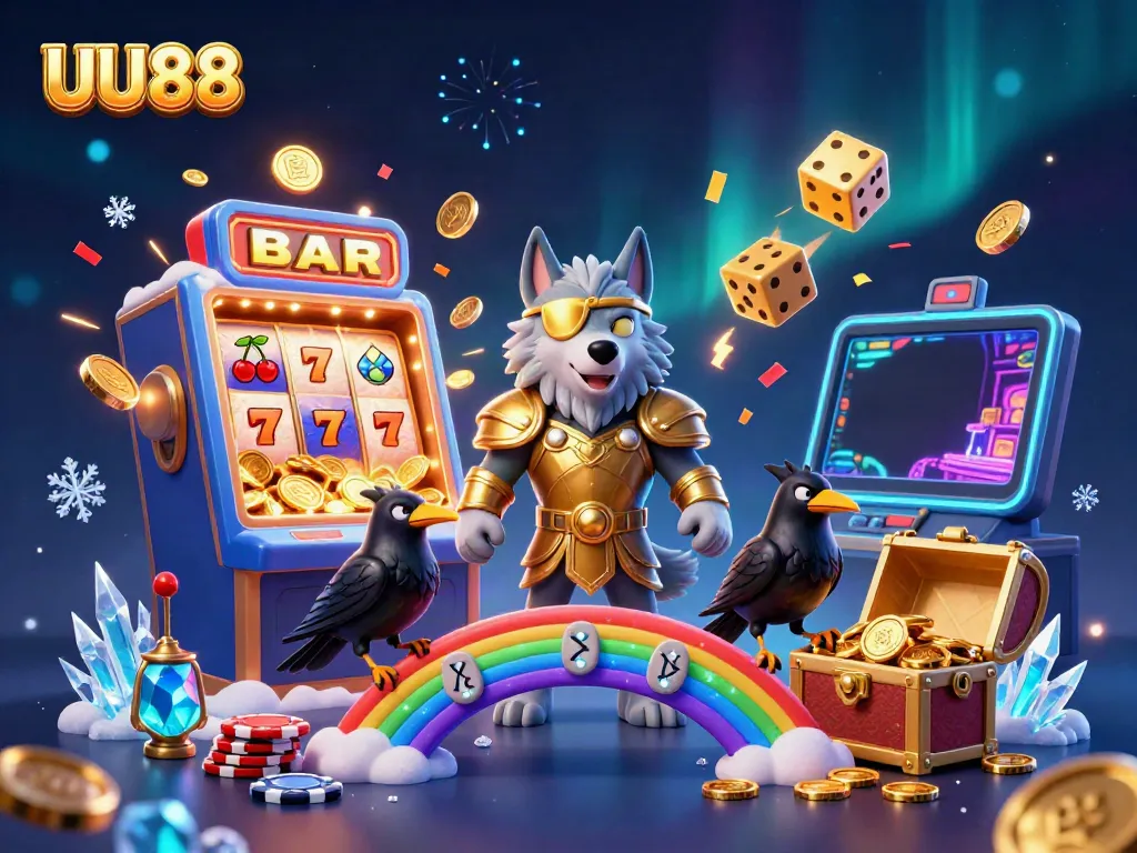 Experience thrilling jackpots with UU88's vibrant 3D illustration showcasing casino excitement and colorful game elements.