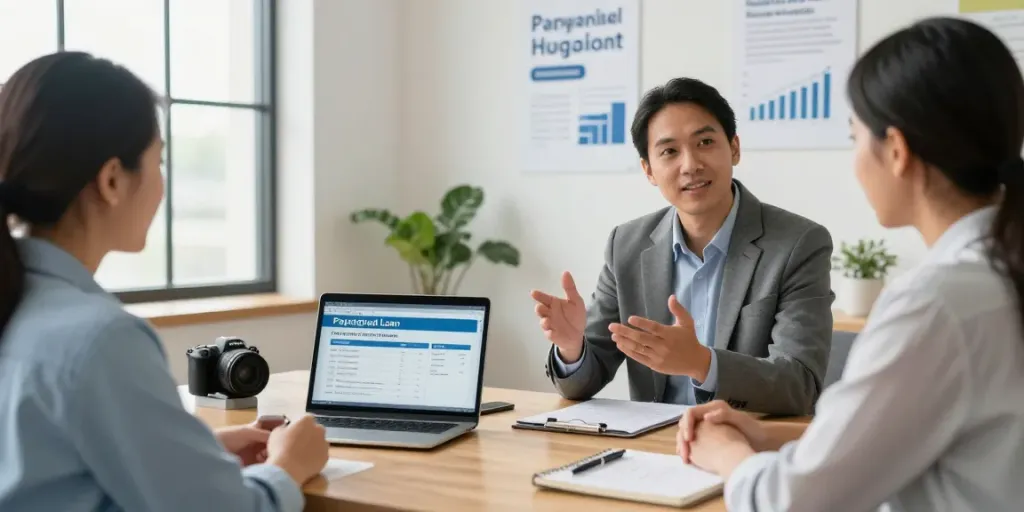 Consultation about Payday Loans Co options in a modern financial office setting.