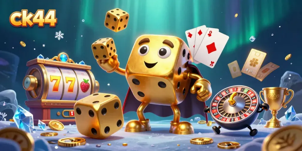 ck44 offers thrilling gameplay with 3D golden dice and slot elements in a vibrant casino scene.