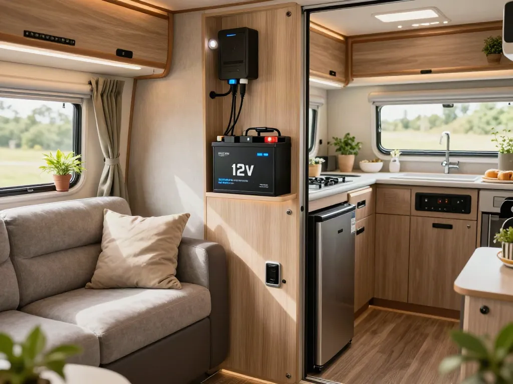 12v lithium battery integrated into an RV's modern interior setup