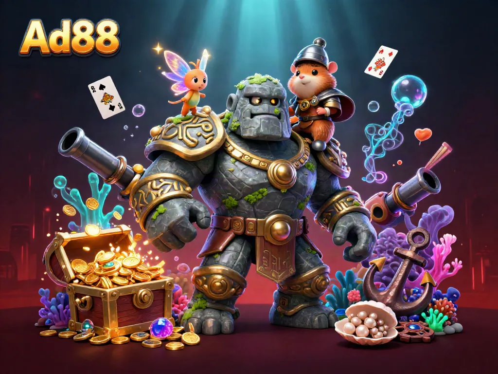 Ad88 showcases a vibrant online casino scene with enchanted characters amidst treasures and dynamic gaming elements.