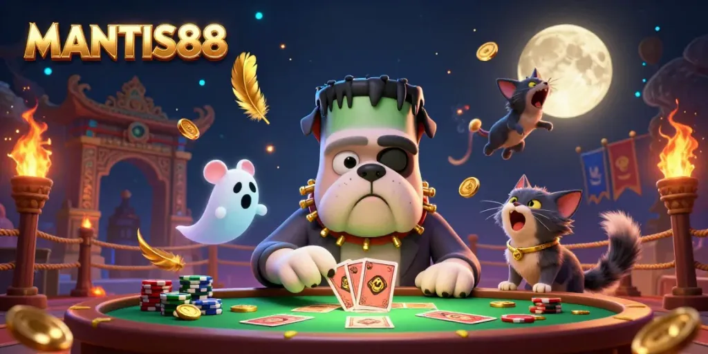 Engage in thrilling card games at MANTIS88, featuring a unique 3D scene with a spooky casino atmosphere.