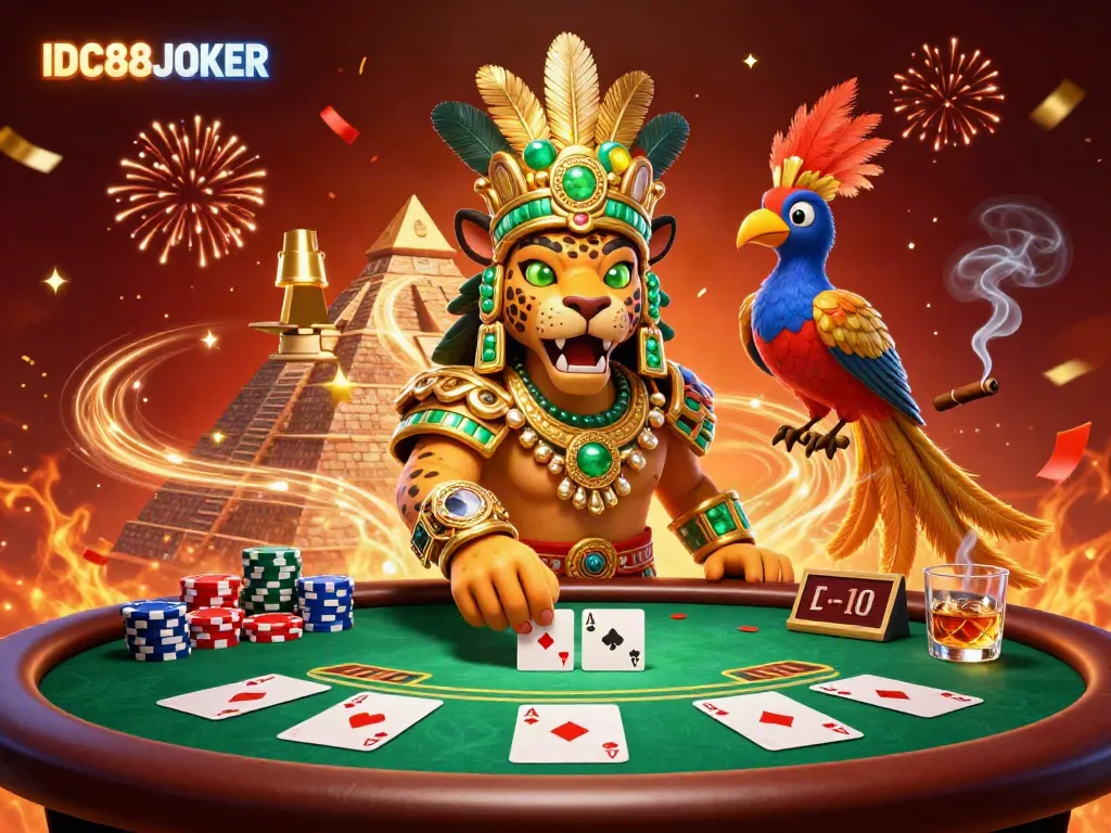 Experience thrilling moments with IDC88JOKER as the jaguar priest and quetzal bird enjoy a vibrant poker game.