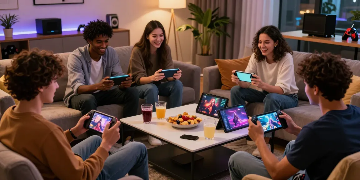 Group enjoying game sex experiences on devices in cozy living room.