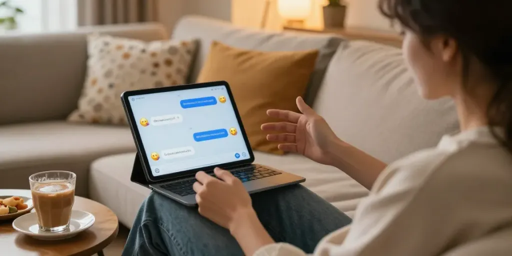 Engaging ai sex chat session on a tablet with cozy decor and warm lighting.