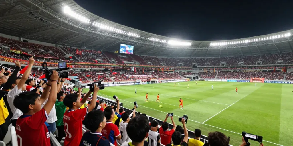 Exciting match day atmosphere with fans and players for ข่าวฟุตบอลไทย updates.