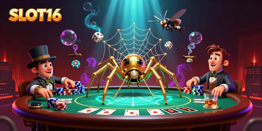 SLOT16 captures a dynamic casino scene with a golden spider and Victorian fly amidst poker elements.