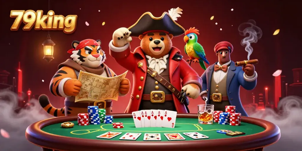 Engage in thrilling tactics at 79king with a charismatic pirate bear and friends around a poker table.