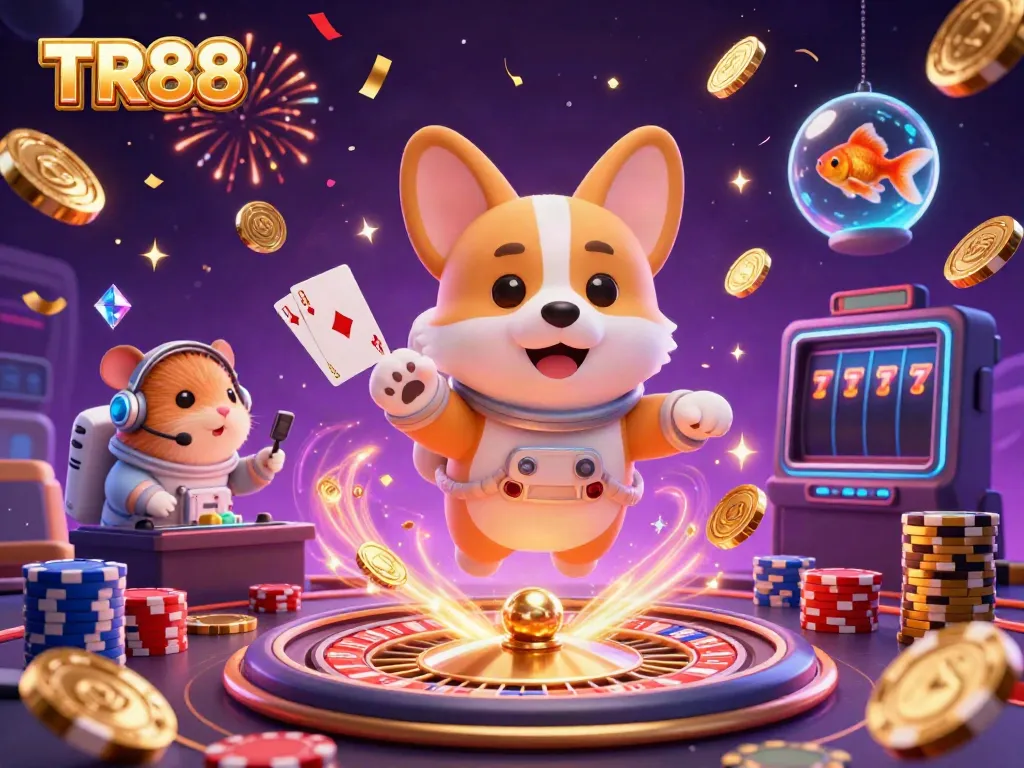 Experience the thrilling world of TR88 with an astronaut corgi in a floating casino scene full of excitement and vibrant game elements.