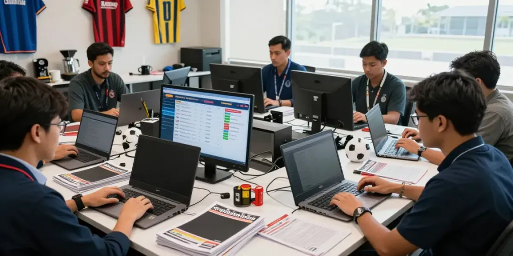 In a bustling newsroom, journalists discuss the latest ข่าวฟุตบอลไทย with laptops and sports magazines around.