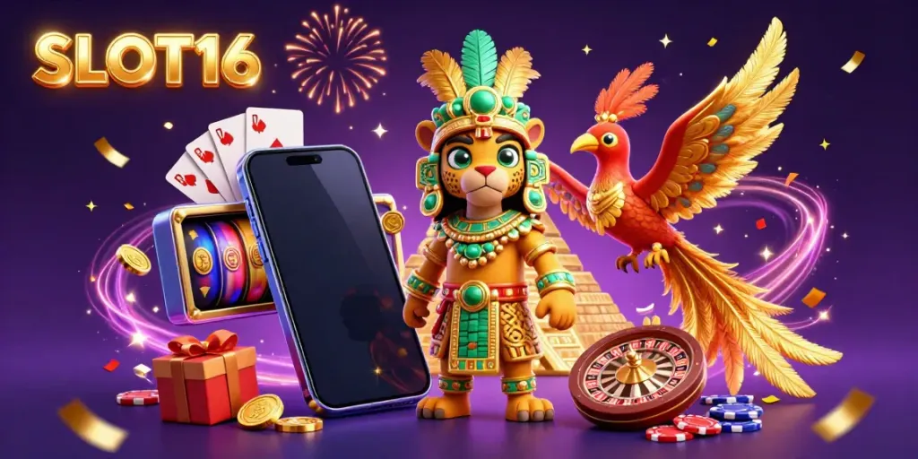 SLOT16 showcases a dynamic 3D casino scene with vibrant characters and slot game elements erupting in excitement.